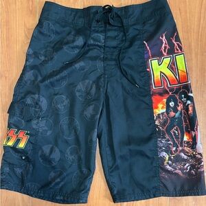 Kiss Black Board Shorts with Red-Yellow Logo and Fiery Graphic
